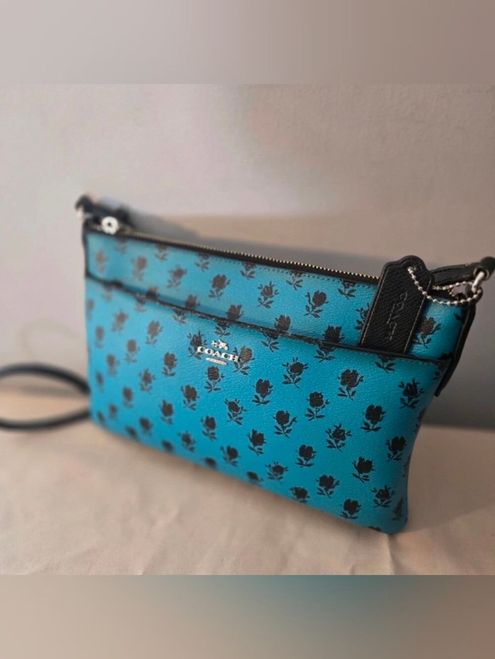 COACH Turquoise Blue Floral Print Leather Crossbody Bag Black Silver Hardware